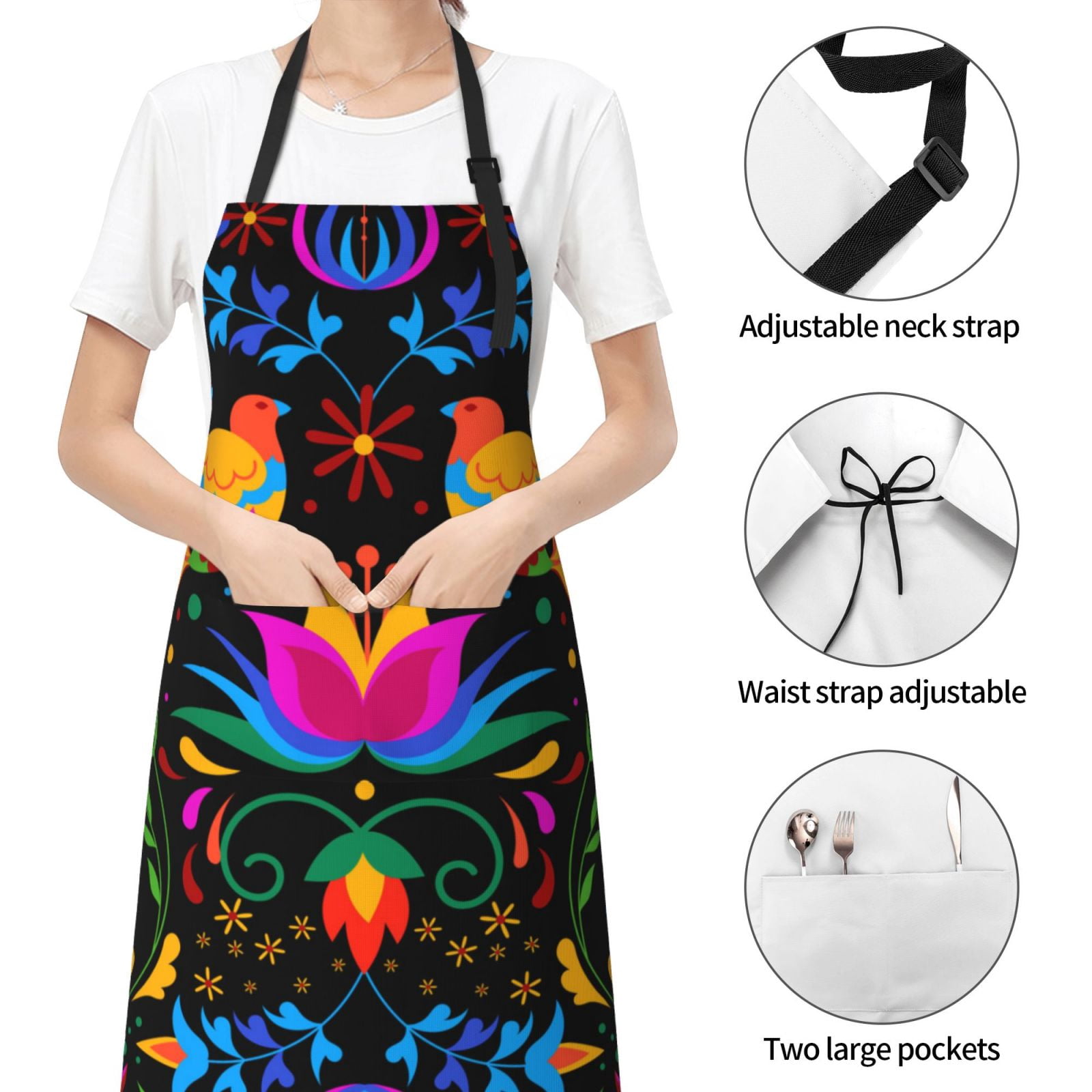 Rateoe Mexican Flower Traditional1 Aprons with Pocket,Men Womens Aprons Waterproof Adjustable Cooking Aprons for Kitchen Gardening and Salon