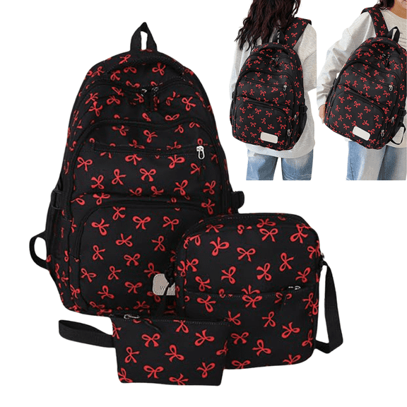 3 PCS Red Bow Backpack School Backpacks for Them Teens Cute Bow Middle High School Bow Bookbag Large Capacity Lightweight Waterproof Daypack for Students