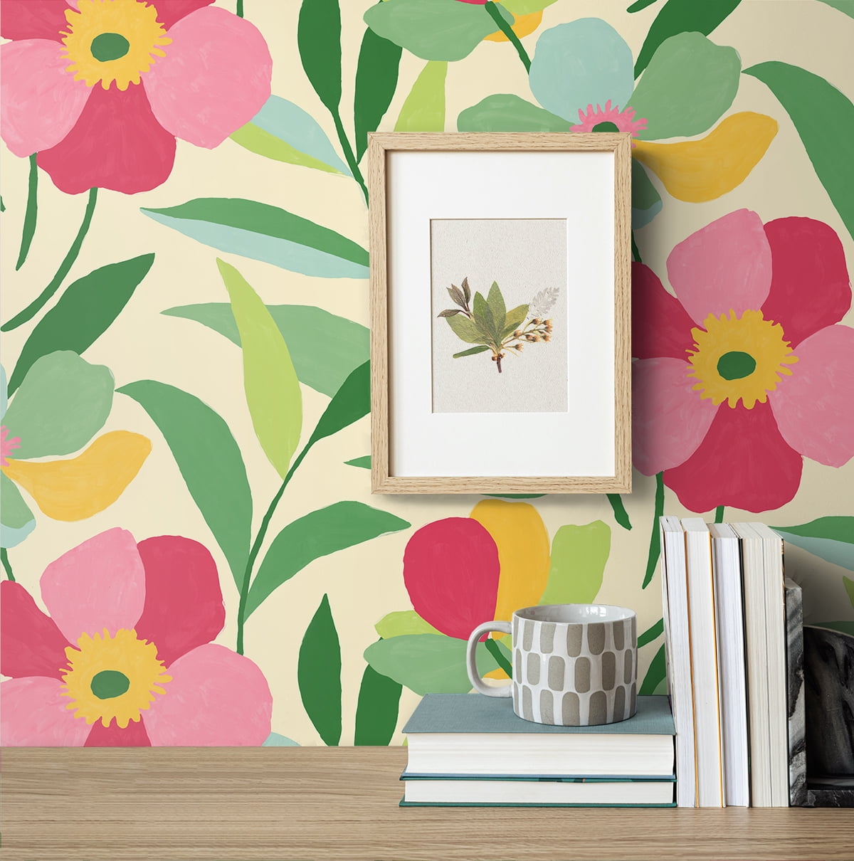 NextWall  Garden Block Floral Peel and Stick Wallpaper 20.5 in. W x 18 ft. L - Pink & Kelly Green