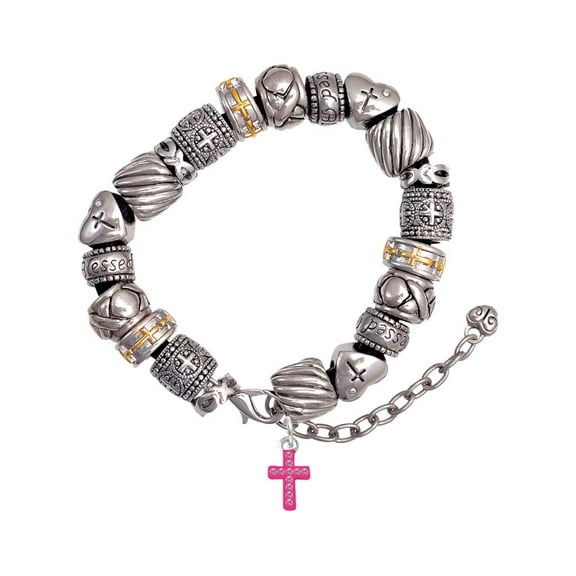 Silvertone Small Hot Pink Crystal Cross Silver Tone Christian Bead Bracelet