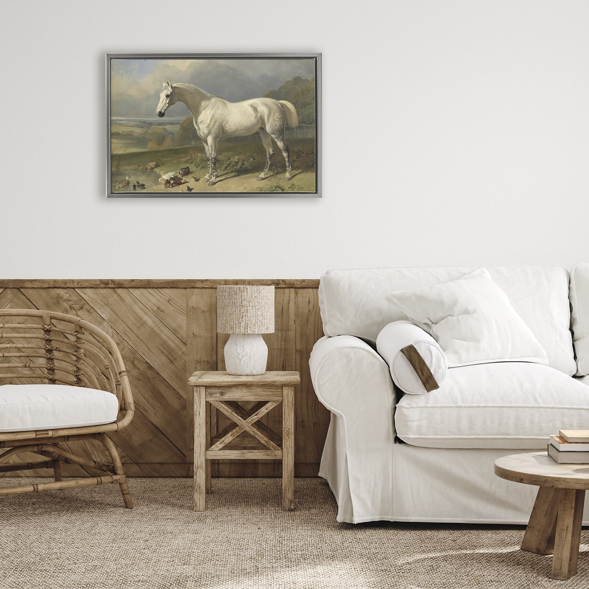 Stupell Industries Grey Horse And Ducks In Landscape Gray Framed Floater Canvas Wall Art, design by Tina LeCour