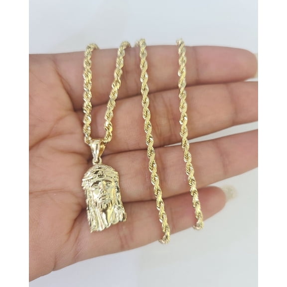10k Rope Chain Jesus Head Pendant 18"-30" Yellow Gold Set Charm Necklace 3mm (Please Select:18";)