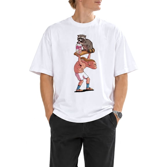 Men's Relaxed Fit Graphic T-Shirt, Cartoon Raccoon Print, Short Sleeve Crew Neck, White