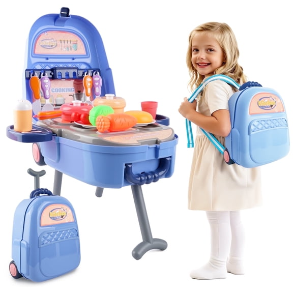 YCFUN 3-in-1 Travel Play Kitchen for Kids, Transformable Backpack Luggage & 22Pcs Pretend Cooking Set, Foldable Travel Play for Toddlers Girls Boys