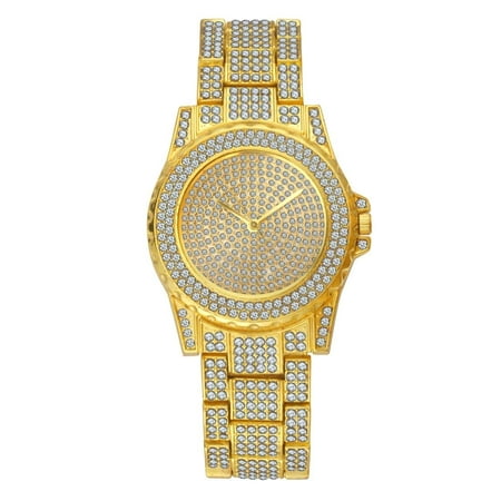 TekDeals Luxury Mens 14k Gold Tone Iced out Simulated Lab Diamond Hip Hop Rapper Watch