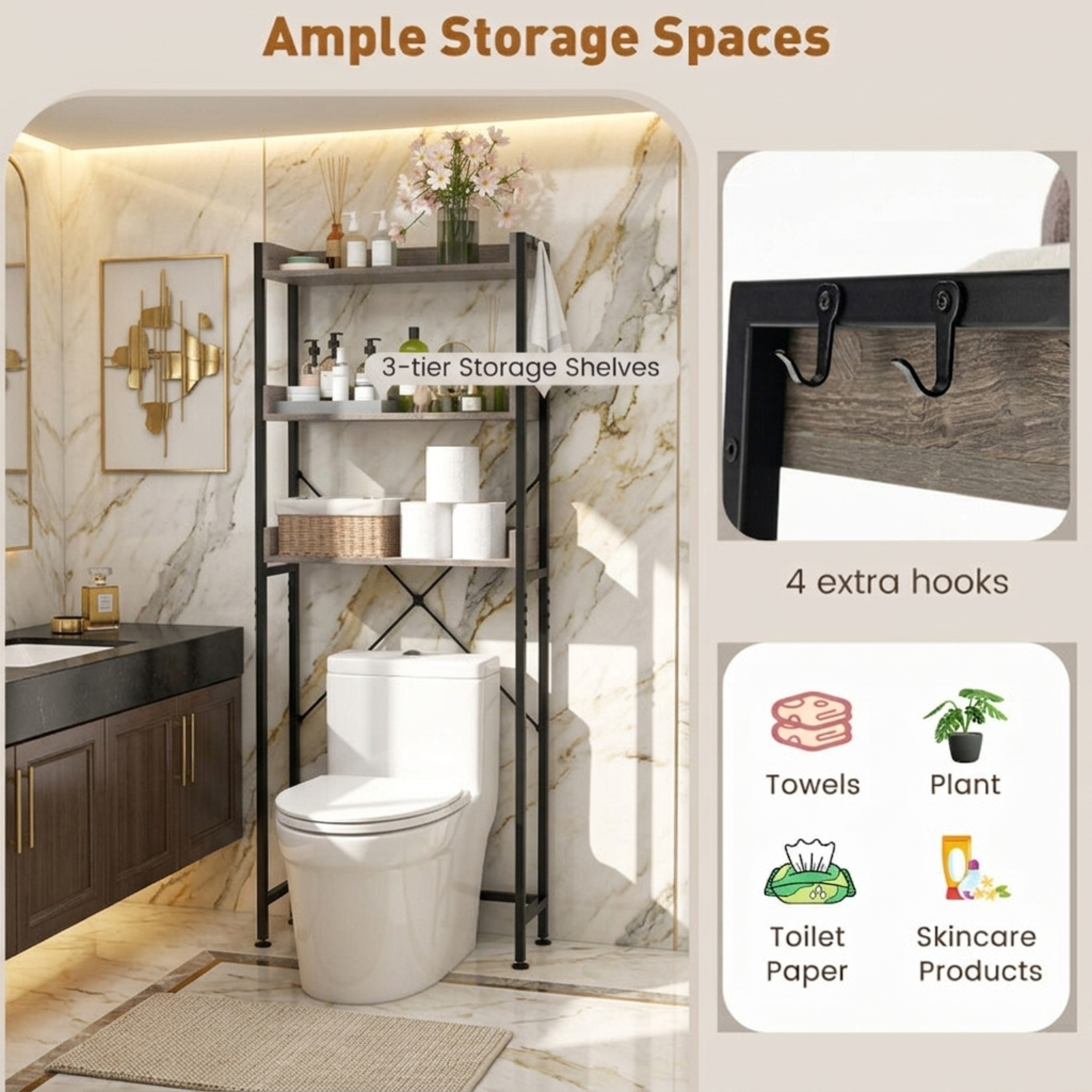 Vebreda Over-the-Toilet Storage, Over The Toilet Storage Rack with Hooks and Adjustable Bottom Bar, Large Storage Space, Make Full Use of Space