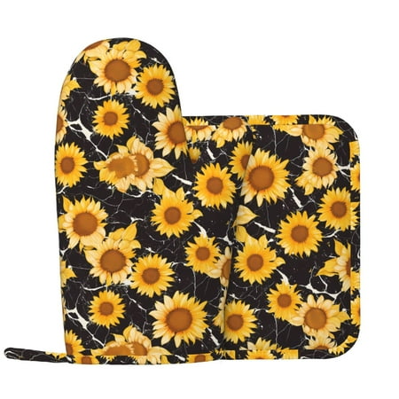 

Black Marble Pattern Sunflower Oven Mitts and Pot Holders Sets with 1 Non-Slip Left Silicone Oven Mitts and 1 Heatproof Insulated Hot Pads for Kitchen Use in Cooking Baking Grilling