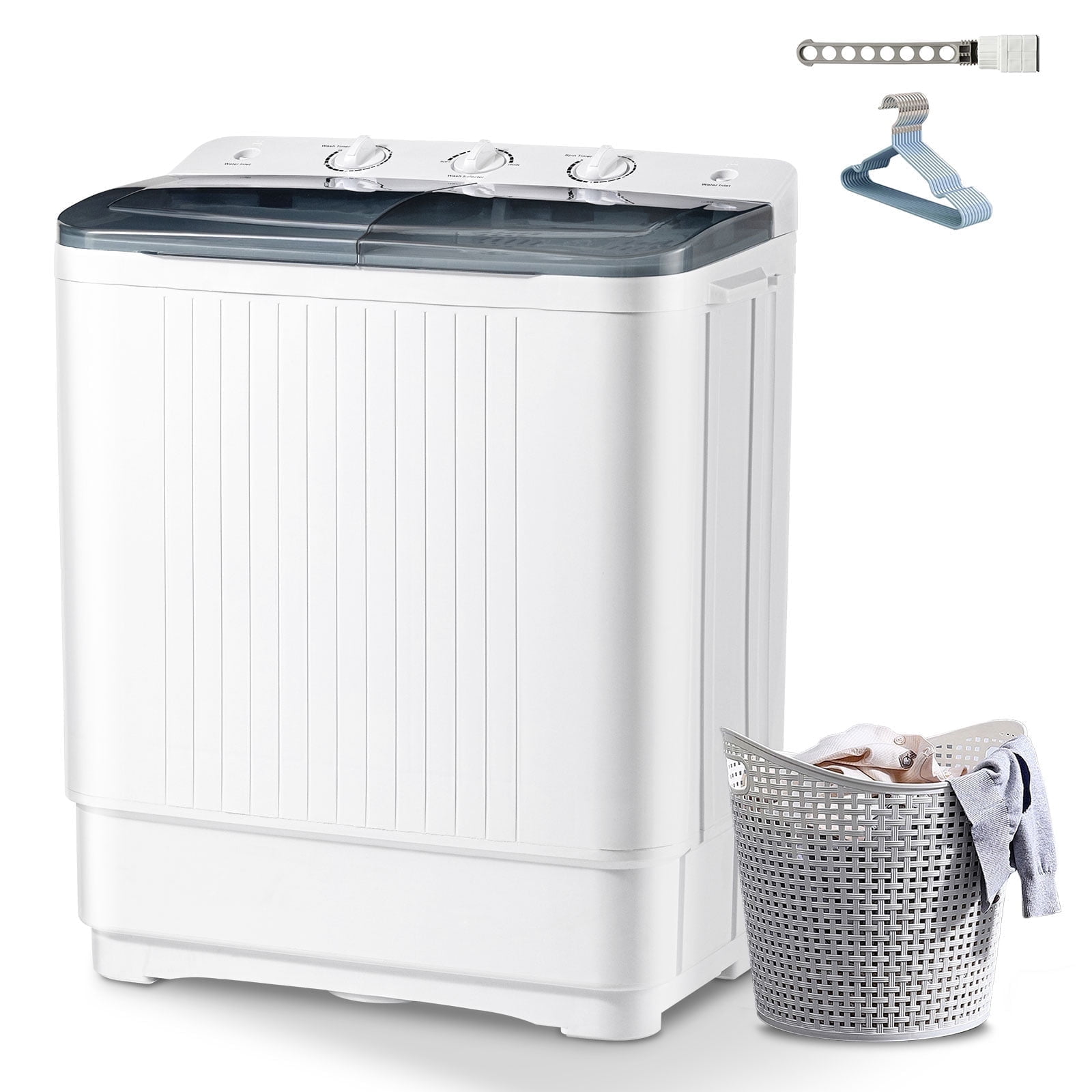 Dimedeal 32 lbs Portable Twin Tub Mini Washing Machine, 20 lbs Washer & 12 lbs Spinner with 1 Drying Rack & 10 Hangers