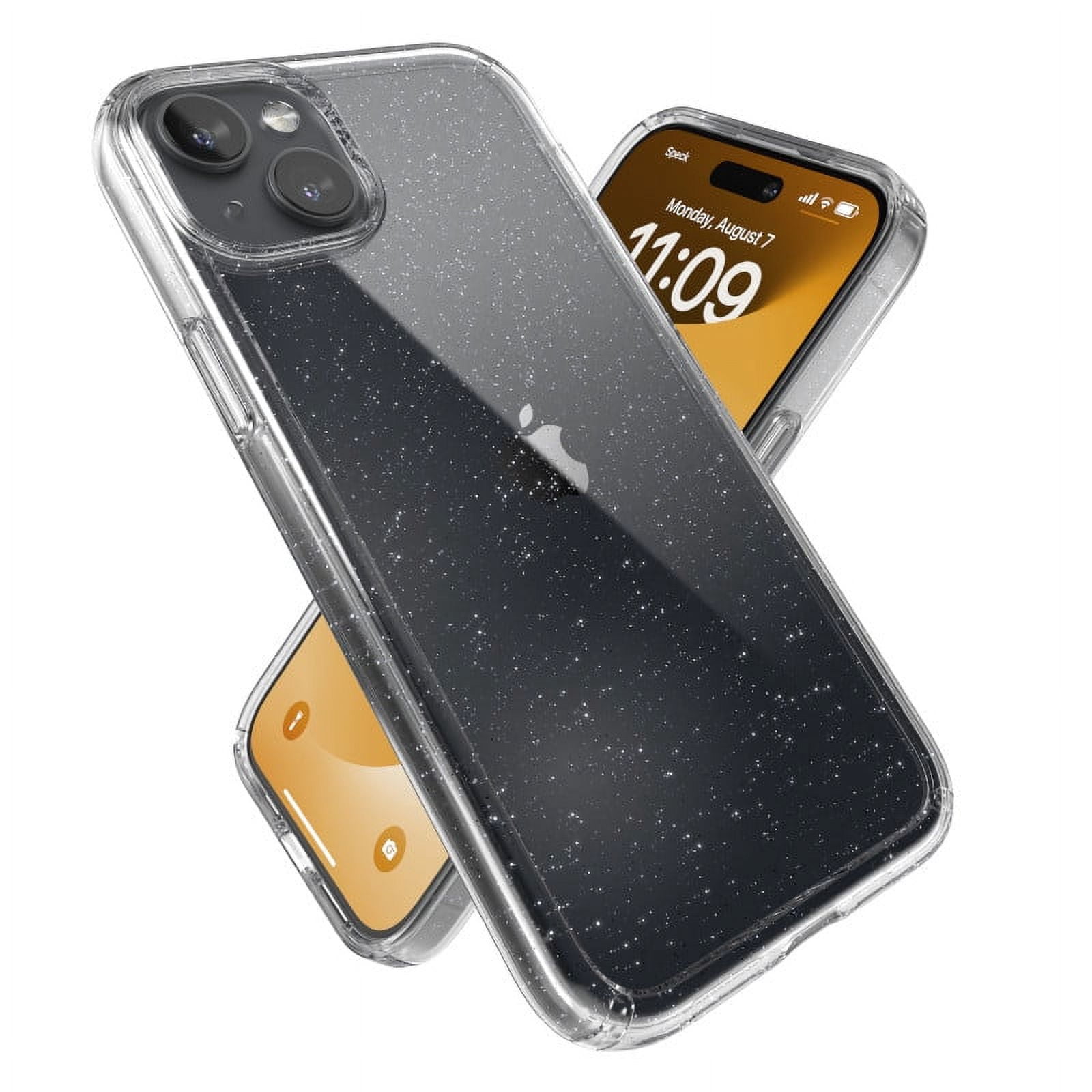Speck Gemshell Glitter Case for iPhone 15 Plus and iPhone 14 Plus in Clear with Platinum Glitter