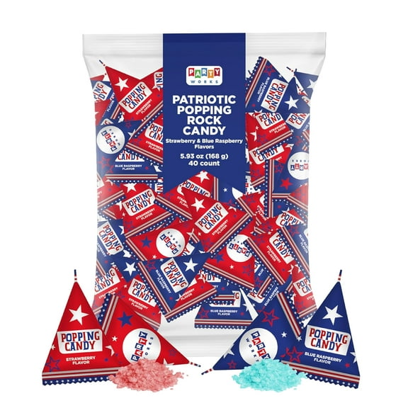 PartyWorks Patriotic Candy - Independence Day Popping Rocks Pouches 40-Count Bag - Strawberry, Blue Raspberry Flavors - Individual Triangles