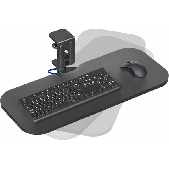 Clamp-on 23 x 10 inch Rotating Computer Keyboard and Mouse Tray, Extra Sturdy Single Desk Swivel Clamp, Ergonomic Typing, Black, MOUNT-KB04CB