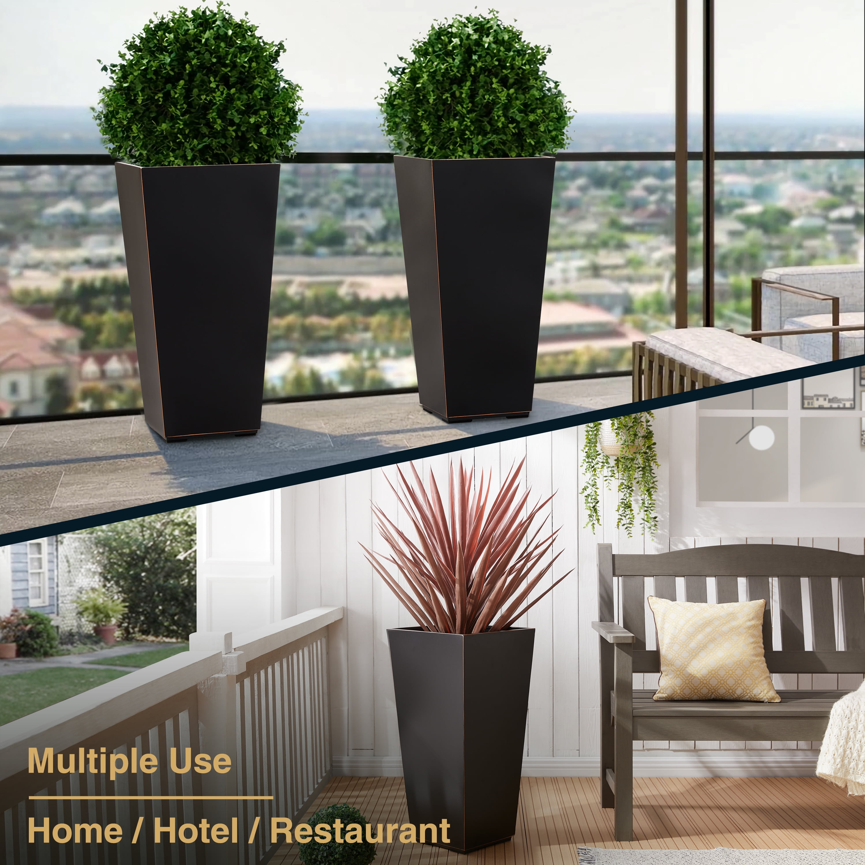 Wallowa 26H inches Metallic Taper Planter for Indoor and Outdoor Tall Planter for Front Porch, Patio, Deck, Garden Set of 2 Black