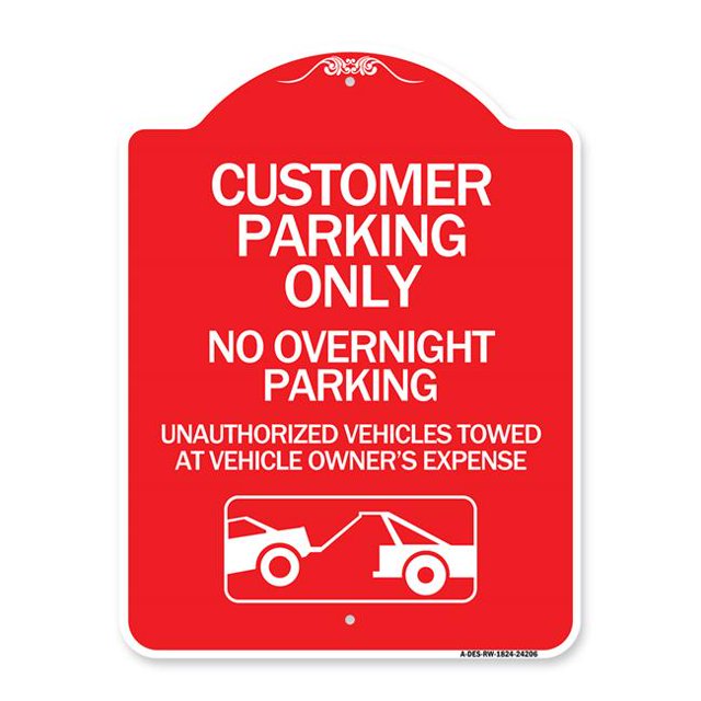 SignMission A-DES-RW-1824-24206 18 x 24 in. Designer Series Sign - Customer Parking Only No Overnight Parking Unauthorized Vehicles Towed At Owner Expense with Graphic, Red & White