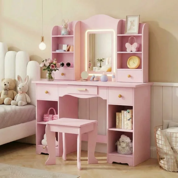 Pirecart Kids Vanity Set, Children Dressing Table and Chair with Mirror Drawer, 3 Color Lights, Large Storage, Detachable Shelf, Pink