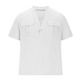 thumbnail image 3 of YFNNUP Mens Cotton Linen Henley Shirts Solid Color Double Pocket Cargo Shirt Moisture Wicking Short Sleeve V Neck Beach Tops, 3 of 6