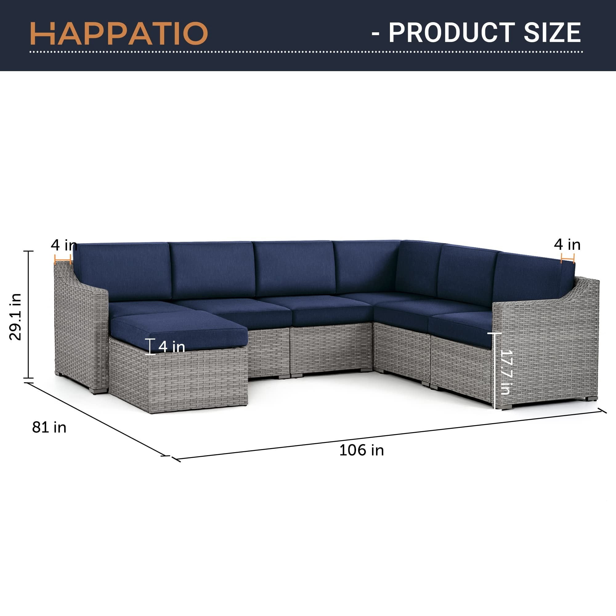 7 Piece Patio Conversation Set, Outdoor Rattan Wicker Sectional Sofa, All-Weather Modular Patio Furniture Set with Cushions for Backyard, Balcony, Porch (Grey/Blue)