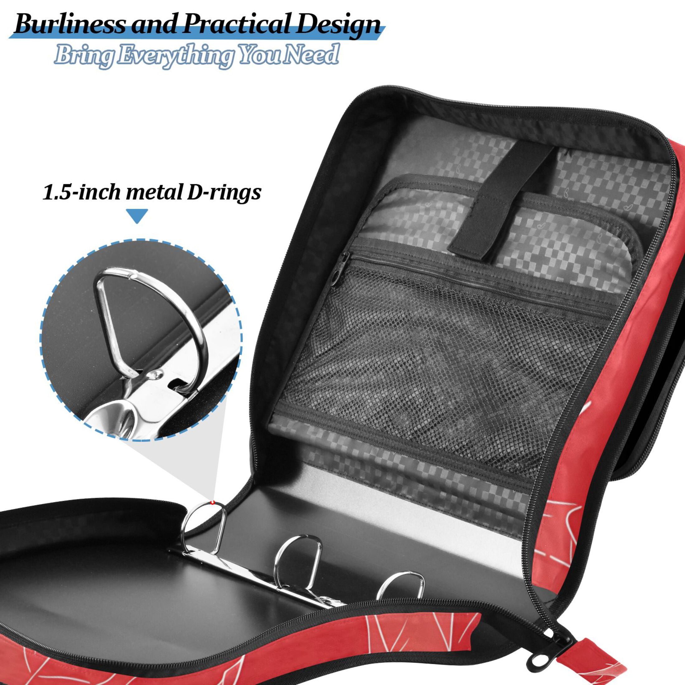 3 Ring Zipper Binder with Shoulder Strap Waterproof Trapper Keeper 2 Inch D-Ring 500 Sheets Capacity Hand Drawn Maple Leaves
