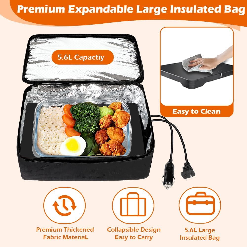 80W Portable Oven Food Warmer, 12V/24V/110V/220V Electric Heated Lunch Box for Car, Office, Camping