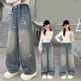 thumbnail image 5 of WMQPNNS Girl's Jeans Baggy Teen Girls Wide Leg Denim Pants Rhinestone Jeans Print Straight Leg Pants Girls Fashion Casual Trousers, Size 7-8 Years, qu1-Blue, 5 of 7