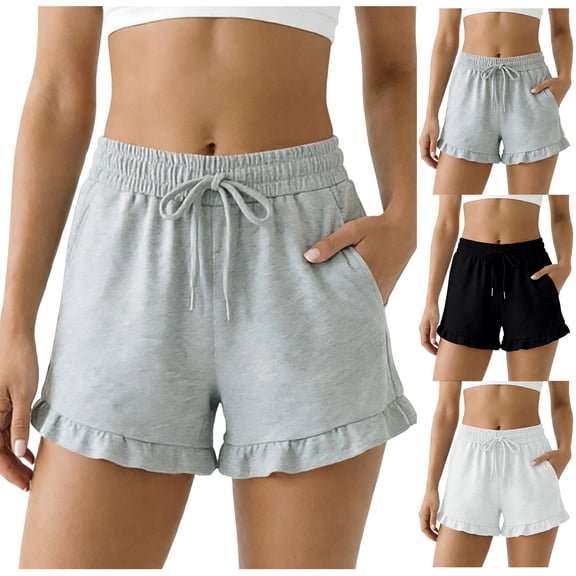 Women's Solid Color Shorts Liweisiy Drawstring Elastic Waist Ruffled Hem Loose Shorts Summer Casual Classic Shorts White M