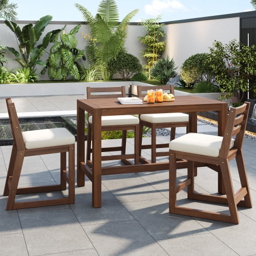 5-Piece Rustic Patio Bar Set, Patio Table and Chairs Set with Ergonomic Chairs, Solid Wood Slatted Tabletop for Poolside, Balcony, Backyard, Porch