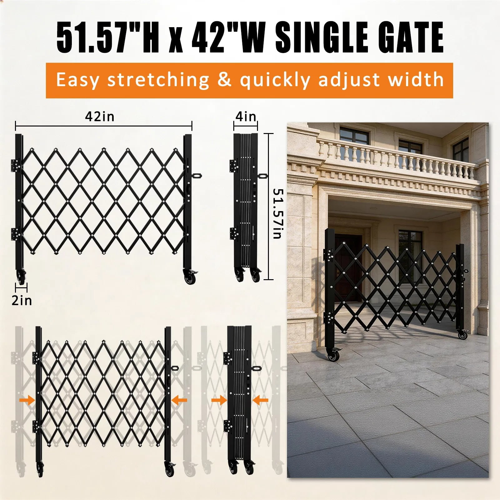 Foldable Expandable Security Gate, Mobile Rolling Safety Barrier with 360° Swivel Lockable Casters, Heavy-Duty Metal Barricade for Garage, Warehouse, Driveway and Pool