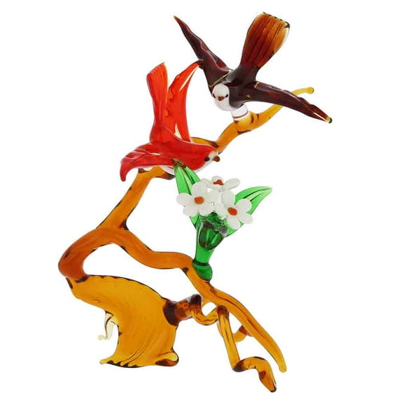 GlassOfVenice Murano Glass Birds on a Tall Blooming Branch - Red
