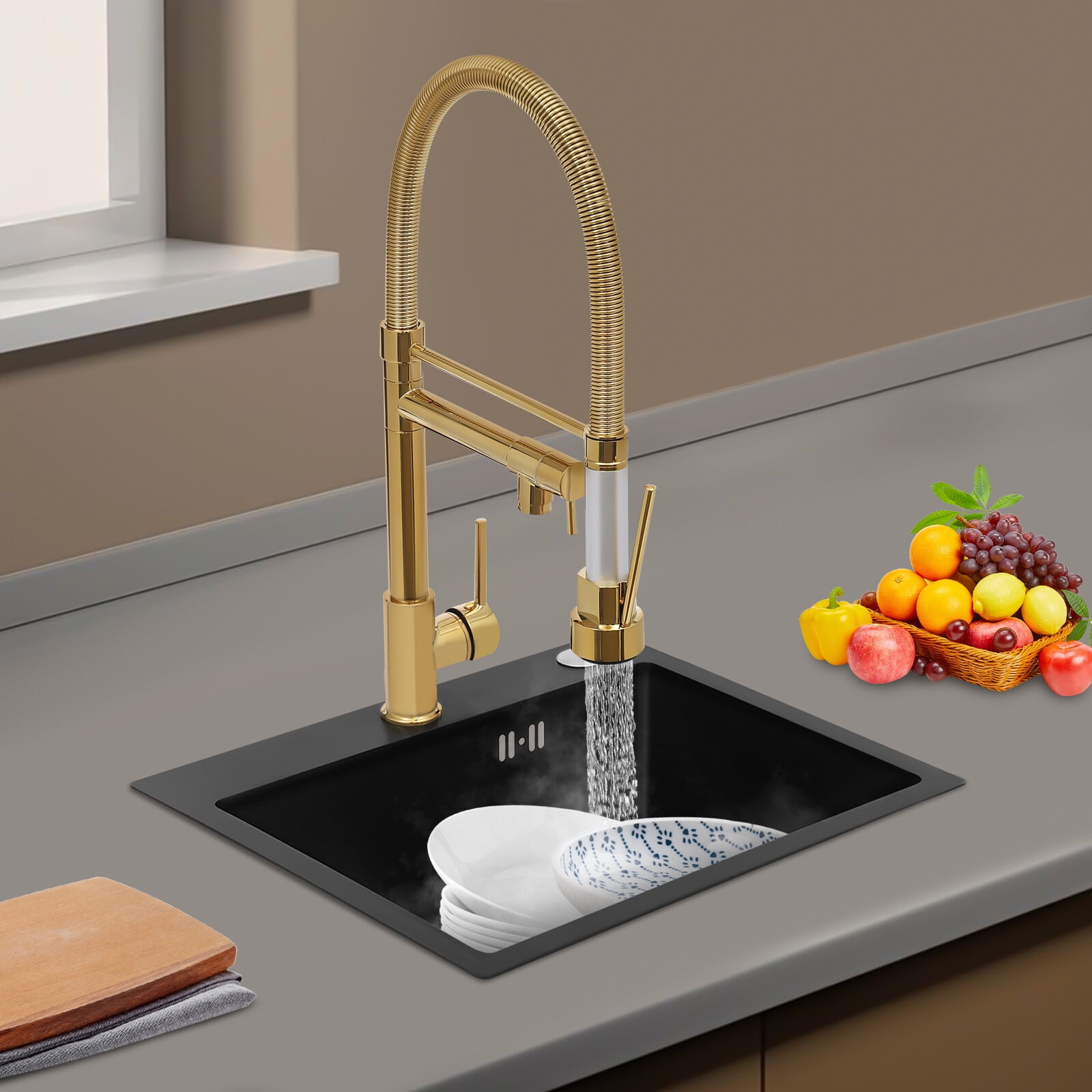 Kitchen Sink Single Handle Stainless Steel Faucet with Pull Down Sprayer(Titanium Gold)