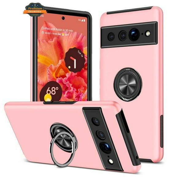 For Google Pixel 9 /9 Pro (6.3") Hybrid Military Grade with Flat Metal Ring Stand 360° Rotation Kickstand Hard PC Back Slim Fit Phone Case Cover by Xpression - Pink