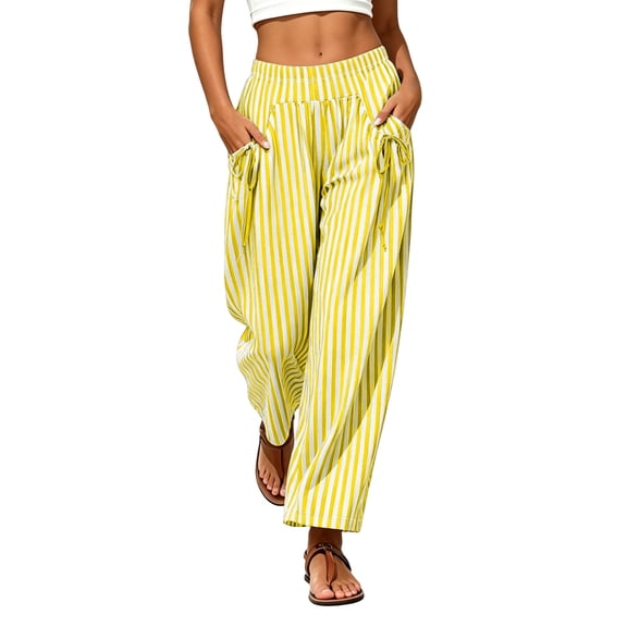 Edvintorg Plus Size Pants for Women Fashion Striped Elastic Waisted Wide Leg Loose Casual Trouser with Pockets Womens Clothing Yellow M