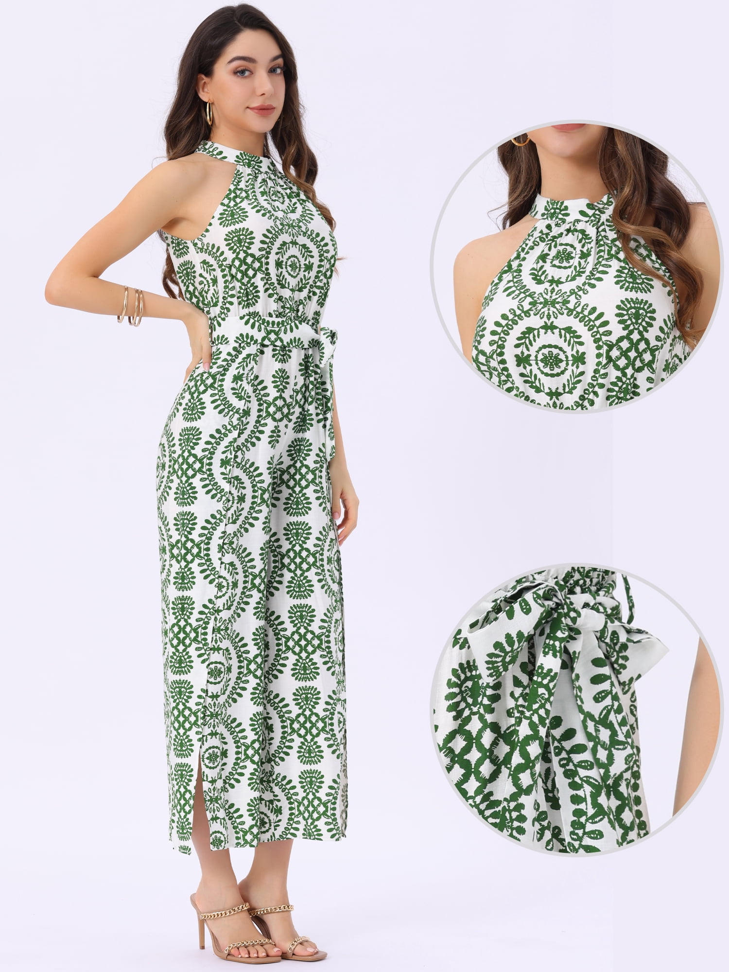 DARING DIVA Women's Casual Halter Sleeveless Boho Wide Leg Jumpsuit S Green