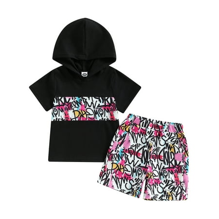 

Musuos 2Pcs Baby Girls Boys Graffiti Print Hooded T Shirt Tops Elastic Waist Shorts