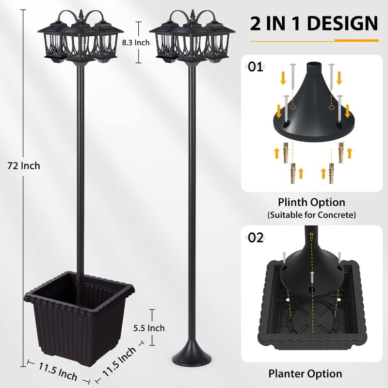 Hoodink 73" Solar Lamp Post with Planter, 3-Head Outdoor Waterproof LED, 3000K Warm White Garden Pathway Lighting