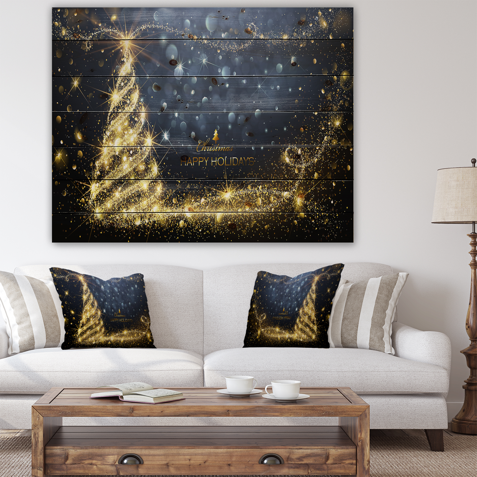 Designart 'Sparkling Shining Light Christmas Tree' Print on Natural Pine Wood