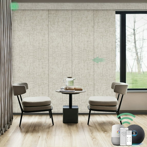 Yoolax Motorized Sliding Panel Track Blind Blackout Smart Vertical Blinds Electric Window Shade with WiFi Hardwire Power Motor for Patio Glass Door(Blackout Linen Beige,78"W x 84"H)