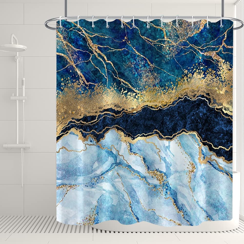 Marble Bathroom Shower Curtain Green Blue Navy Gold Sand Waterproof Fabric Shower Curtains with Hooks Watercolor Abstract Shower Curtains Cloth for Home Bath Decor 72x72 inches