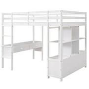 Euroco Full Loft Bed Wood Frame Desk with Drawers and Shelf for Kids Teens, White
