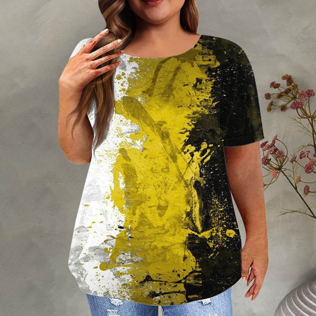 EGNMCR Hauts Grande Taille pour Femmes Décontractés à Imprimé Manches Courtes Col Rond Hauts Amples T-Shirt Blouse