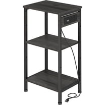 Tall End Table with Charging Station, 3 Tier Narrow Beside Table with Adjustable Shelf, Tall Gray Side Table Nightstand for Bedroom, Living Room Coffe Table, Office, Charcoal Grey