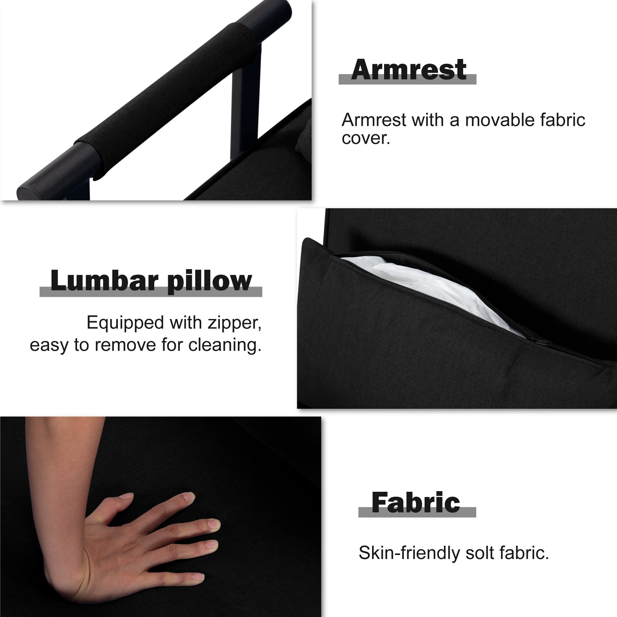 Aukfa Comfy Mini Sofa Adjustable Backrest Chaise Lounger Convertible Sofa Chair Bed w/ &Pillow, Black