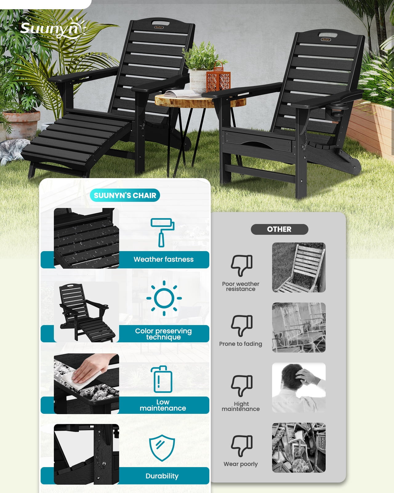Folding Adirondack Chair with Retractable Ottoman Footrest, HDEP All Weather Fire Pit Chair with 2 Cup Holders for Outdoor, Classic Black