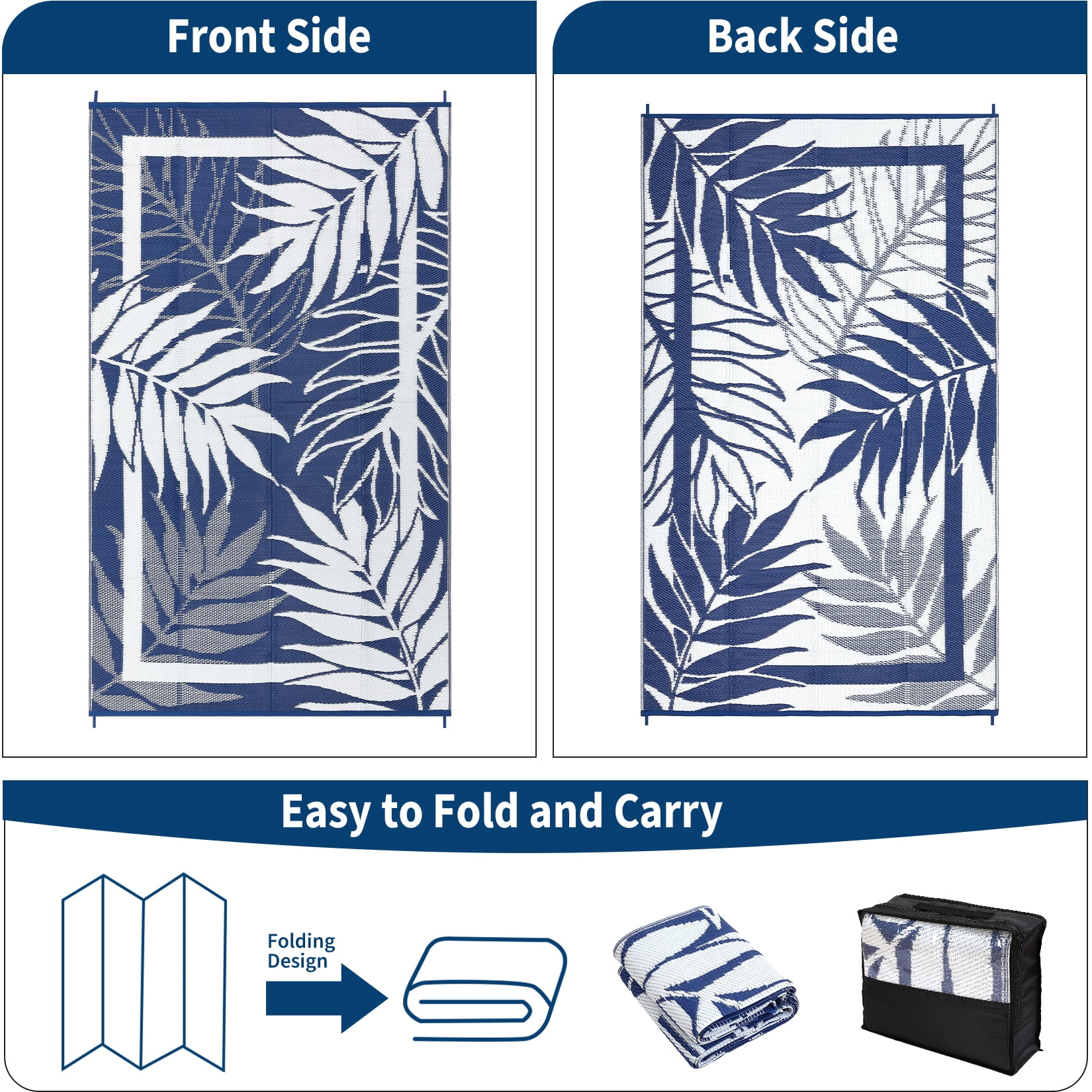 Garvee 8'x10' Waterproof Outdoor Rug Leaf Pattern Bordered Plastic Patio Mat, Modern Reversible Non-Slip Outdoor Carpet for Camping, RV, Balcony, Porch, Picnic, Dark Blue and White