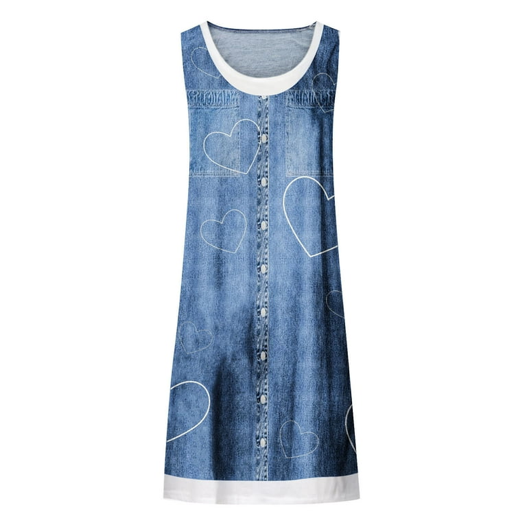 BRGZLK Womens Sleeveless Casual Denim Dress Trendy Vintage Fake Two Piece  Imitation Denim Heart Print Round Neck Pullover Romper Dress with Pockets  White XL - Walmart.com