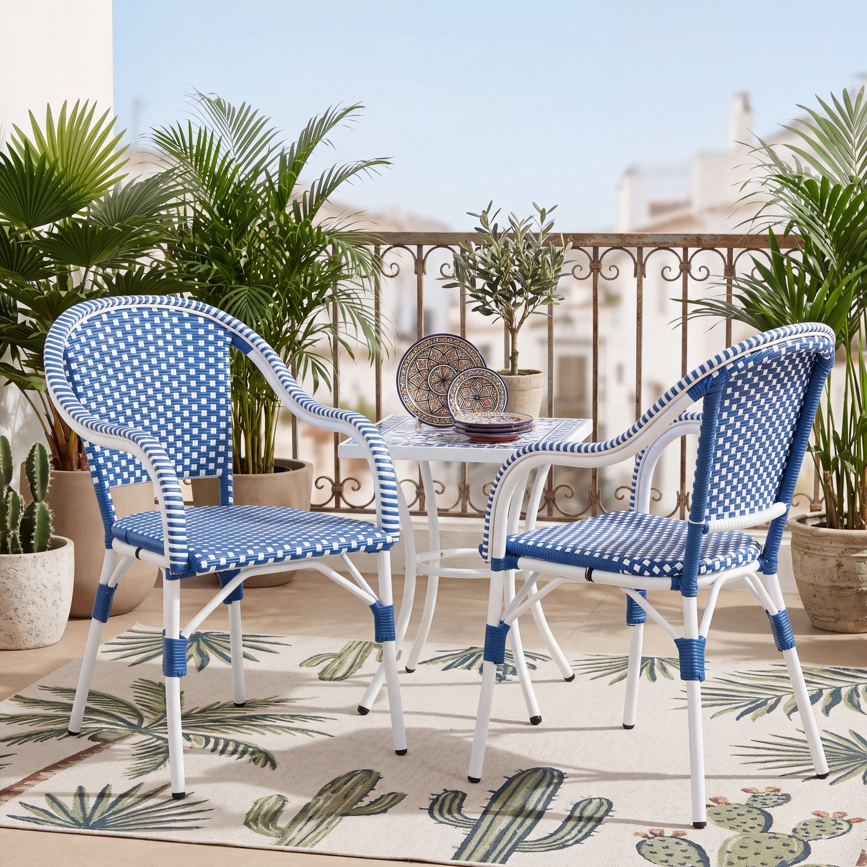 Bistro Chairs Set of 2, Outdoor Aluminum Frame Weather Resistant PP Rattan Chairs for Porch Garden, White and Blue