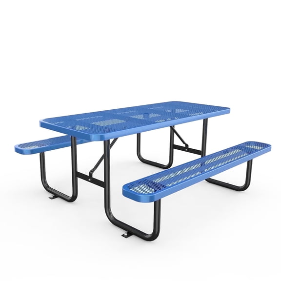 Chery Industrial 72'' Outdoor Metal Picnic Table with 2 Benches and Umbrella Hole, Blue