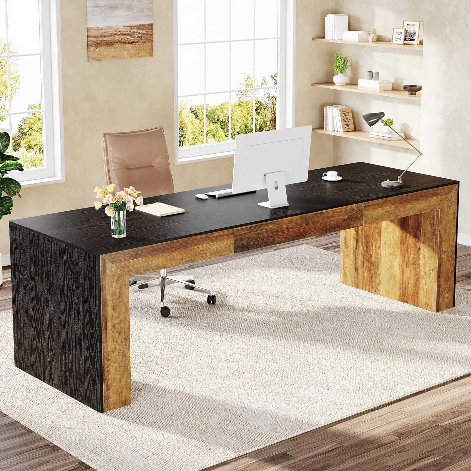 86.6-Inch Long Computer Desk for 2 Person, Farmhouse Executive Desk with Wooden Tabletop and Legs