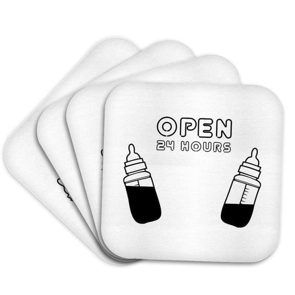 3drose, Funny Breast Feeding Design with Two Baby Bottles and Open 24 Hrs Sign, Set of 4 Coasters - Cork