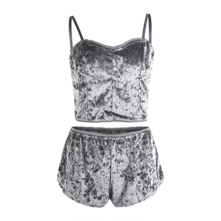 

Maemukilabe Women Velvet Lace Sleepwear Sleeveless Crop Tops and Shorts Set 2pcs Pajamas Set