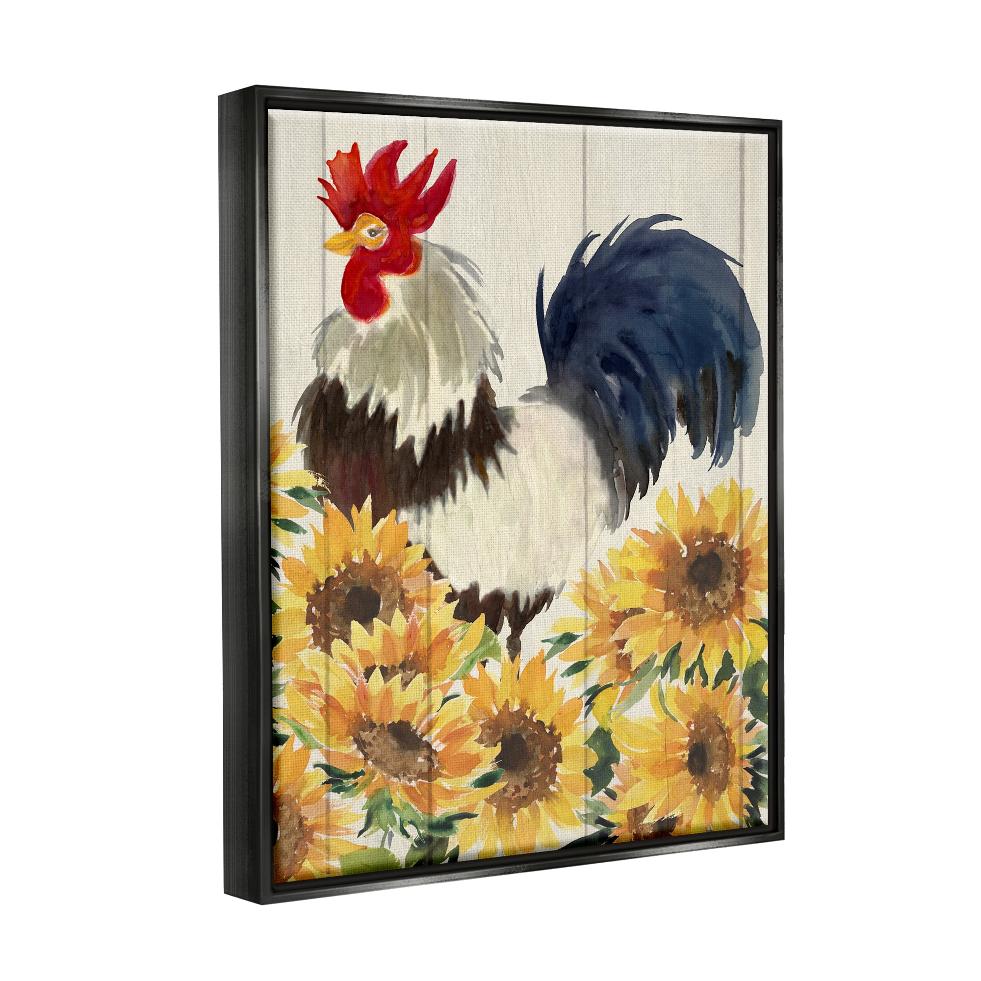 Stupell Industries Country Rooster & Sunflowers Animals & Insects Painting Black Floater Framed Art Print Wall Art, 17 x 21