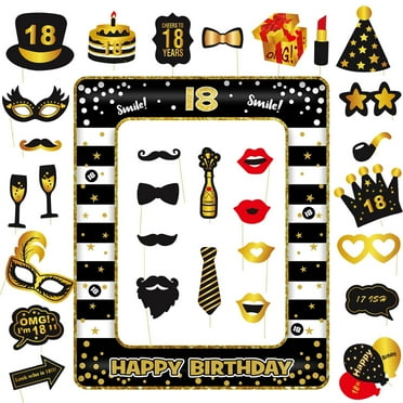 SPOKKI 18th Birthday Photo Booth Accessories, 31 Selfie Pieces, Large Black Gold Frame